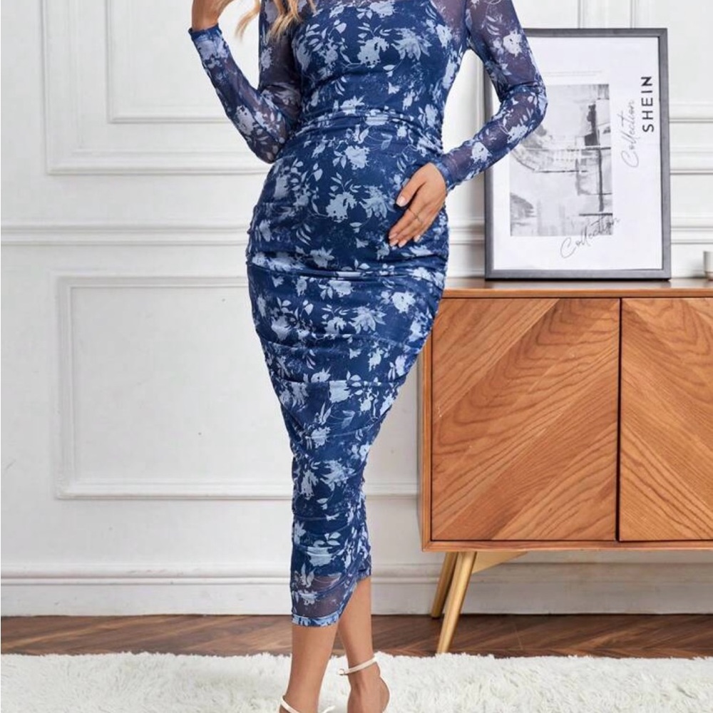 SHEIN Navy Floral Long Sleeve Dress
